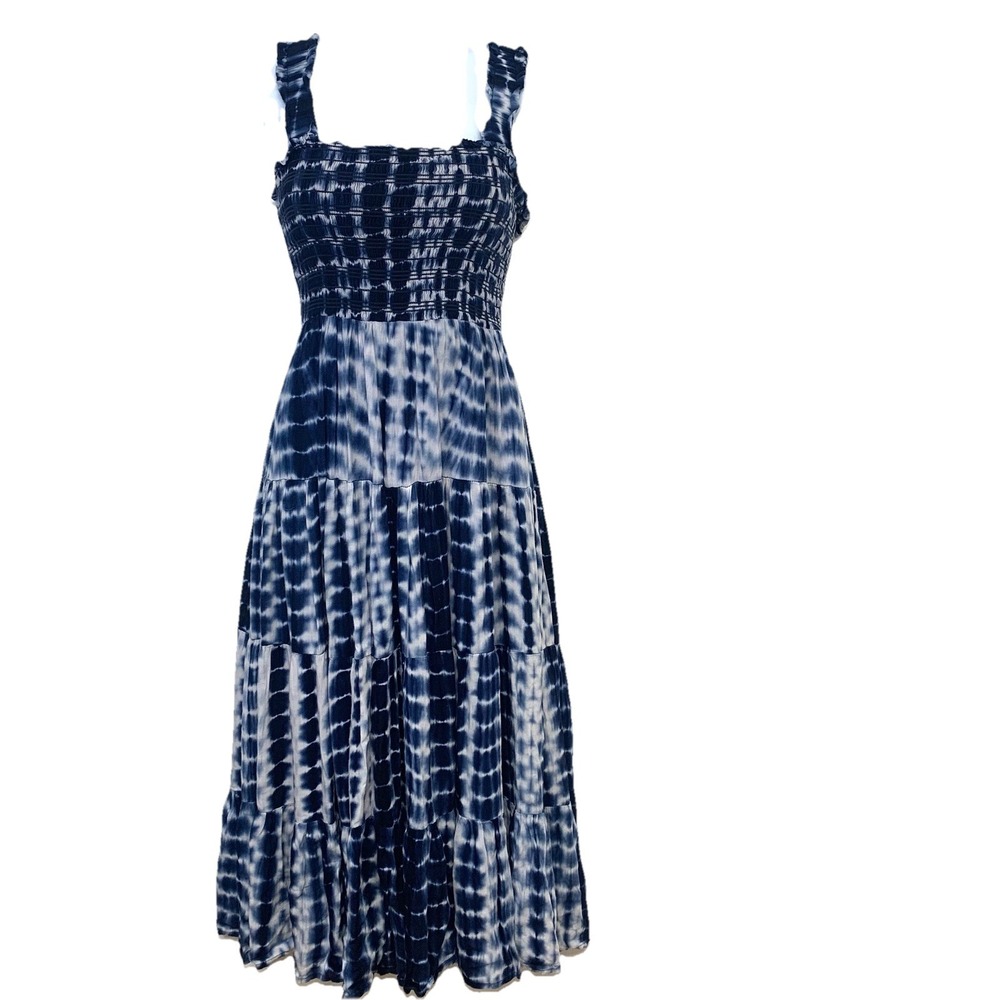 Aqua Midi Dress Smocked Tiered XS Blue Tie Dye Flowy Boho Vacation Casual